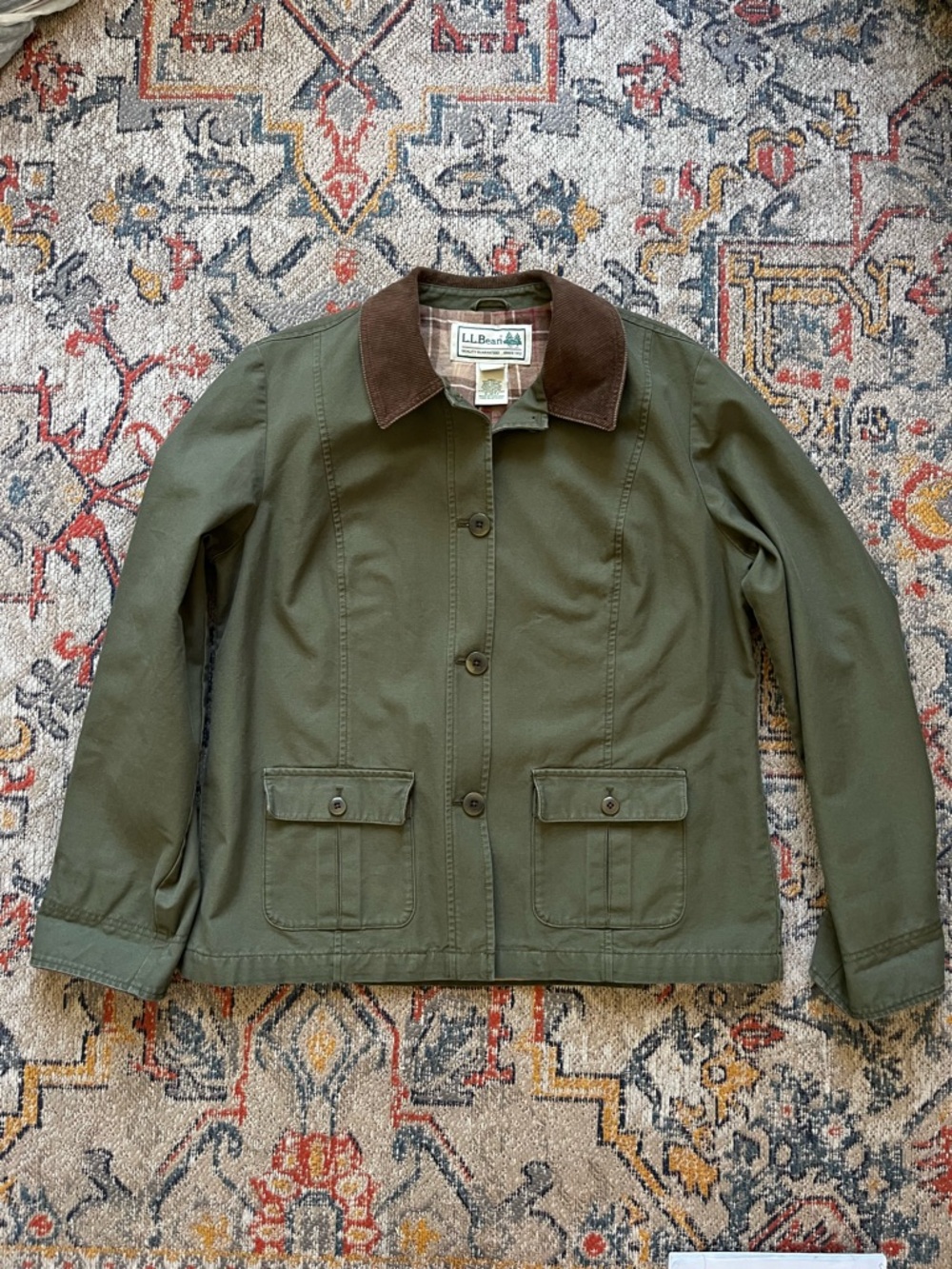 Vintage L.L. Bean Olive Green Utility Jacket with Brown Corduroy Collar L